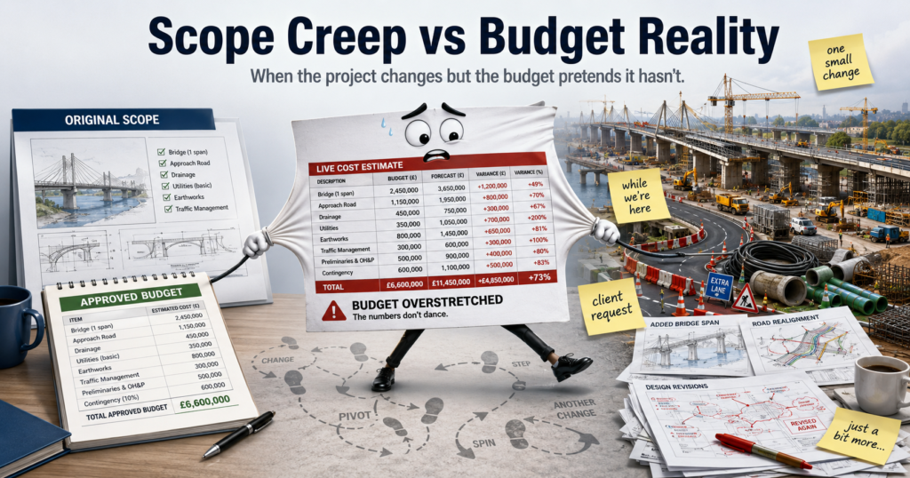 Scope creep stretching a construction project cost estimate between the original approved scope and additional infrastructure requirements.