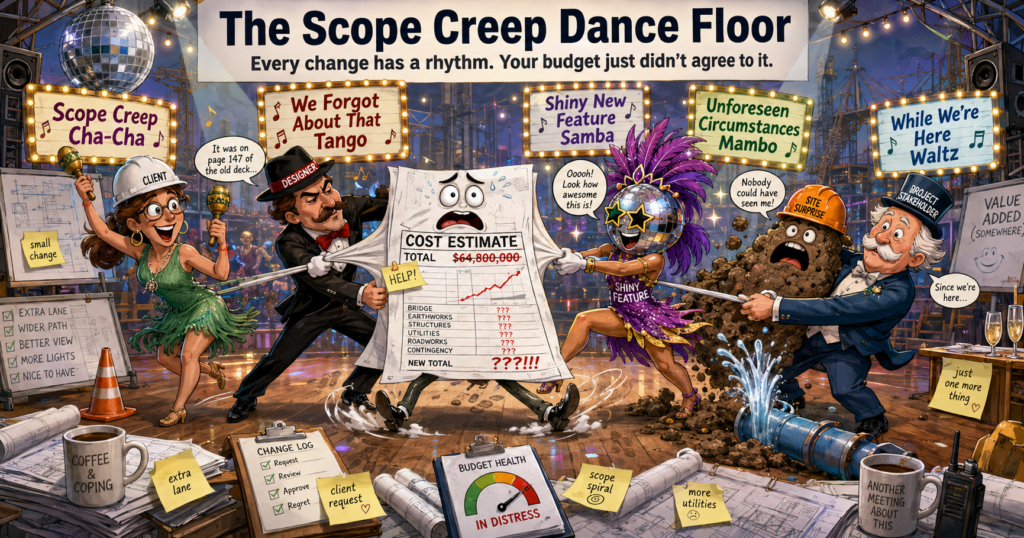 Cartoon showing a construction cost estimate being pulled across a dance floor by clients, designers, site surprises and additional project requirements.