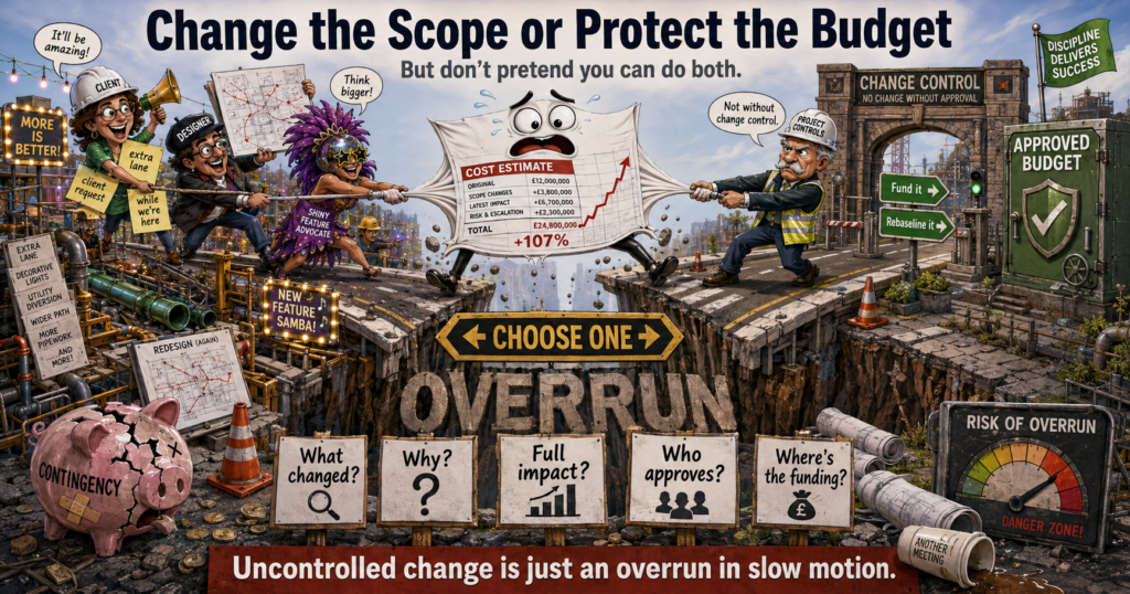 Cartoon showing a cost estimate stretched between expanding project scope and formal change control above a chasm labelled overrun.