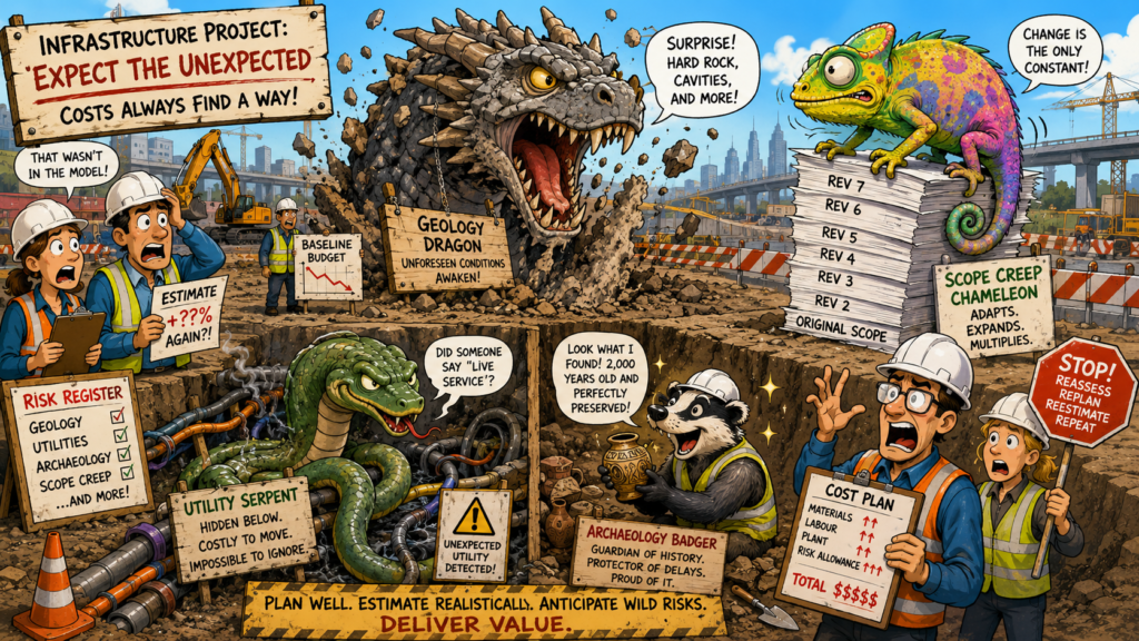 Cartoon of unforeseen infrastructure risks including a geology dragon, utility serpent, archaeology badger and scope-creep chameleon