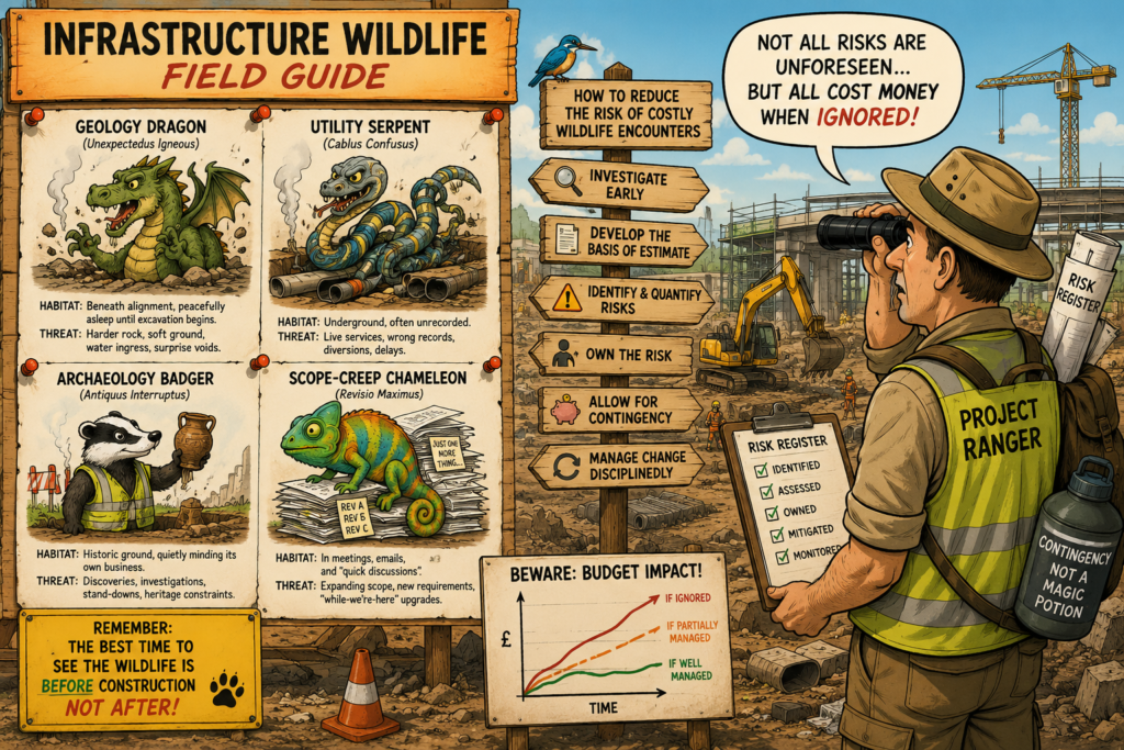 Cartoon infrastructure risk management field guide showing geology, utilities, archaeology and scope-creep risks