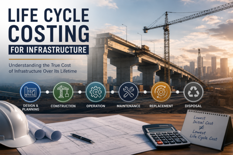 Life Cycle Costing for Infrastructure | Civils Bites Life Cycle Costing for infrastructure showing design, construction, operation, maintenance, replacement and disposal costs.
