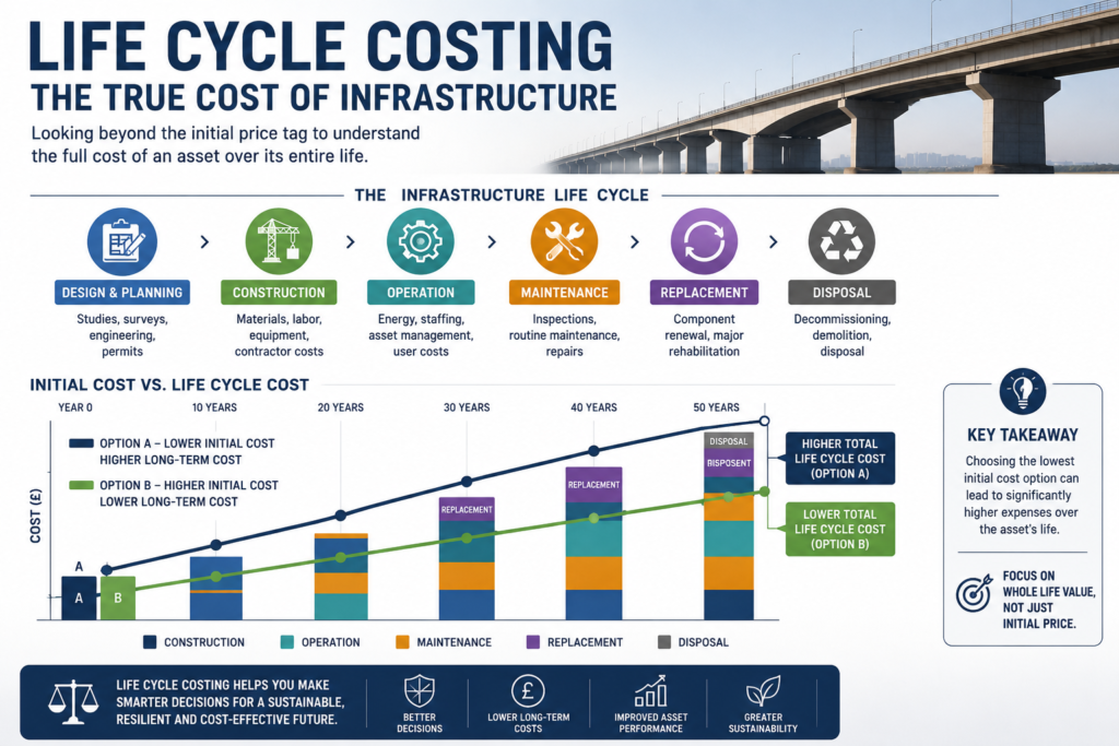 Life Cycle Costing infographic comparing initial construction cost with operation, maintenance, replacement and disposal costs over an infrastructure asset’s life.