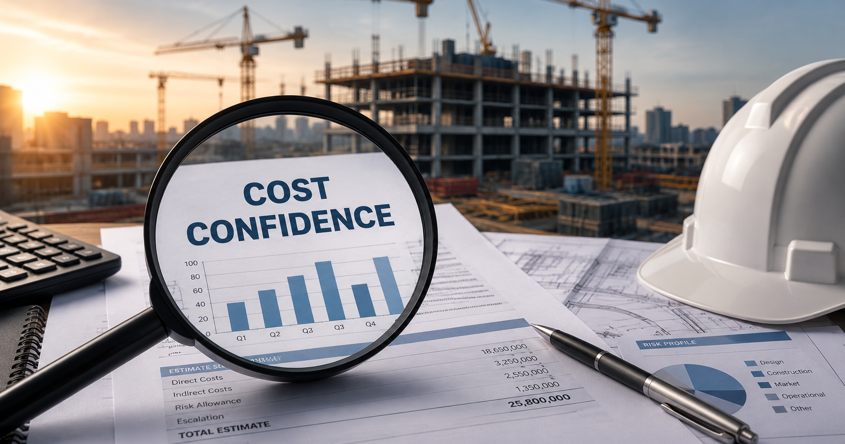 Cost Confidence in Infrastructure Estimating | Civils Bites Magnifying glass highlighting cost confidence on a project cost report, with a construction project in the background.