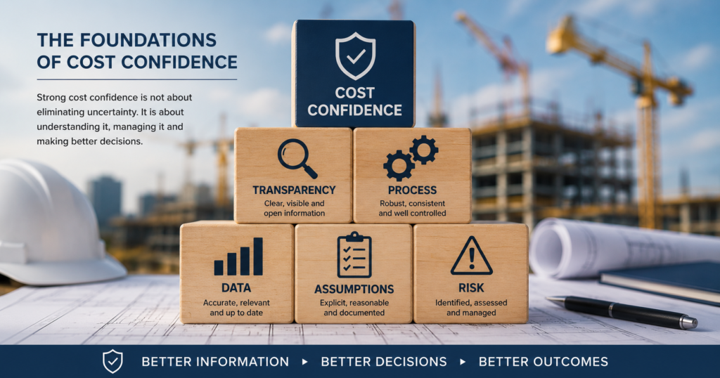The Foundations of Cost Confidence | Civils Bites Wooden blocks showing data, assumptions, risk, transparency and process as the foundations of cost confidence.