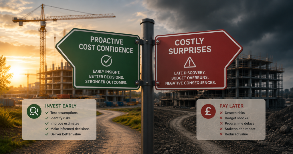 Proactive Cost Confidence or Costly Surprises | Civils Bites Signpost comparing proactive cost confidence with costly project surprises beside a construction site.