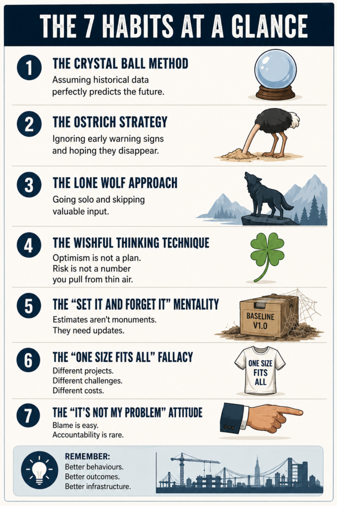 Infographic summarising seven ineffective cost-planning habits, including wishful thinking, ignored risks, outdated estimates and blame shifting.