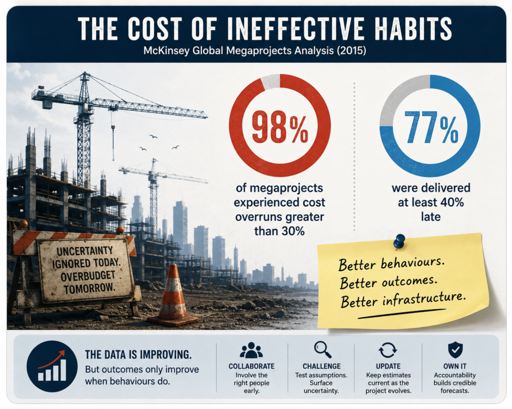 Infographic showing that 98% of megaprojects experienced cost overruns above 30% and 77% were delivered at least 40% late.