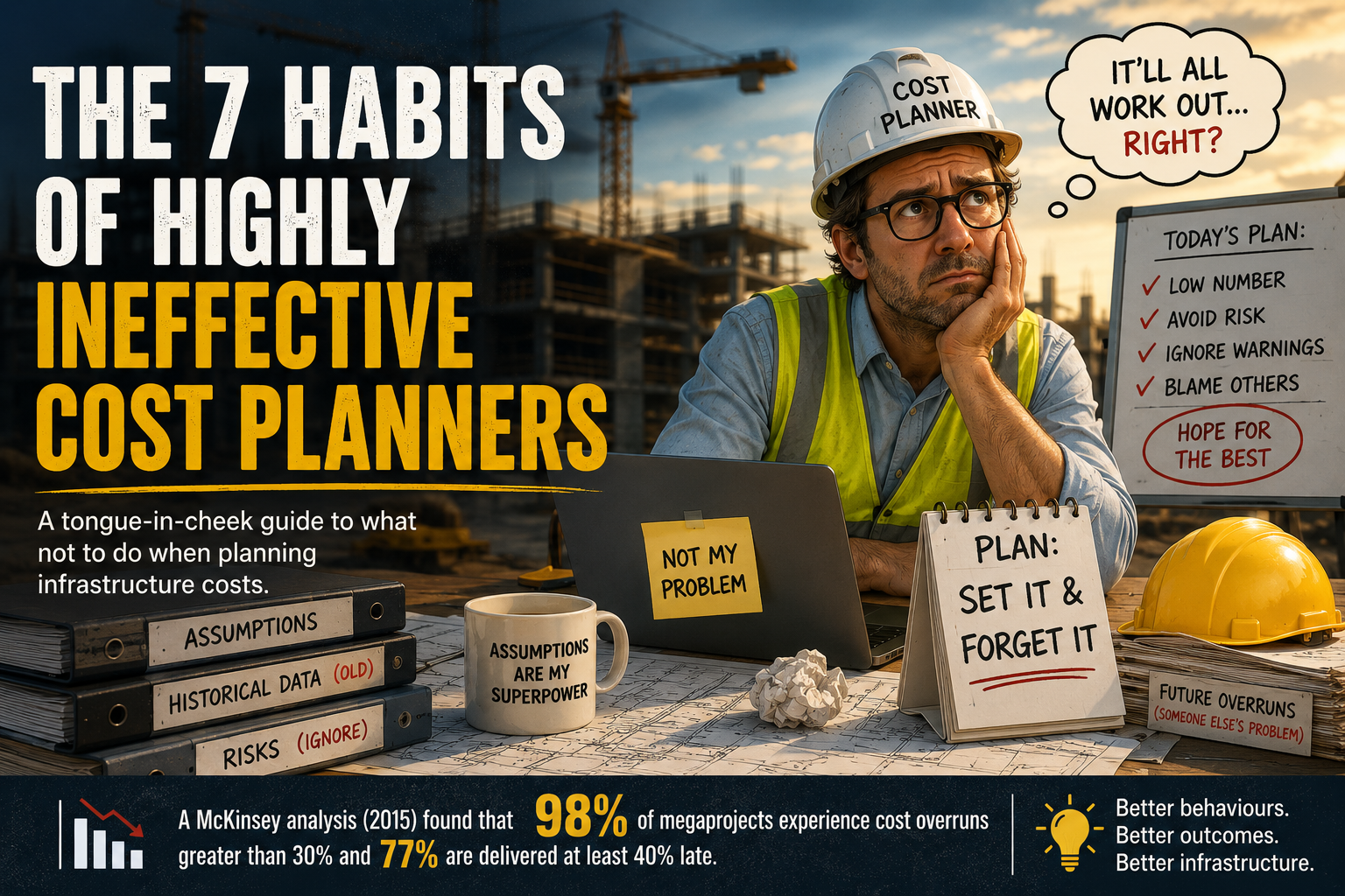 Stressed cost planner surrounded by outdated data, ignored risks and optimistic assumptions on an infrastructure construction project.