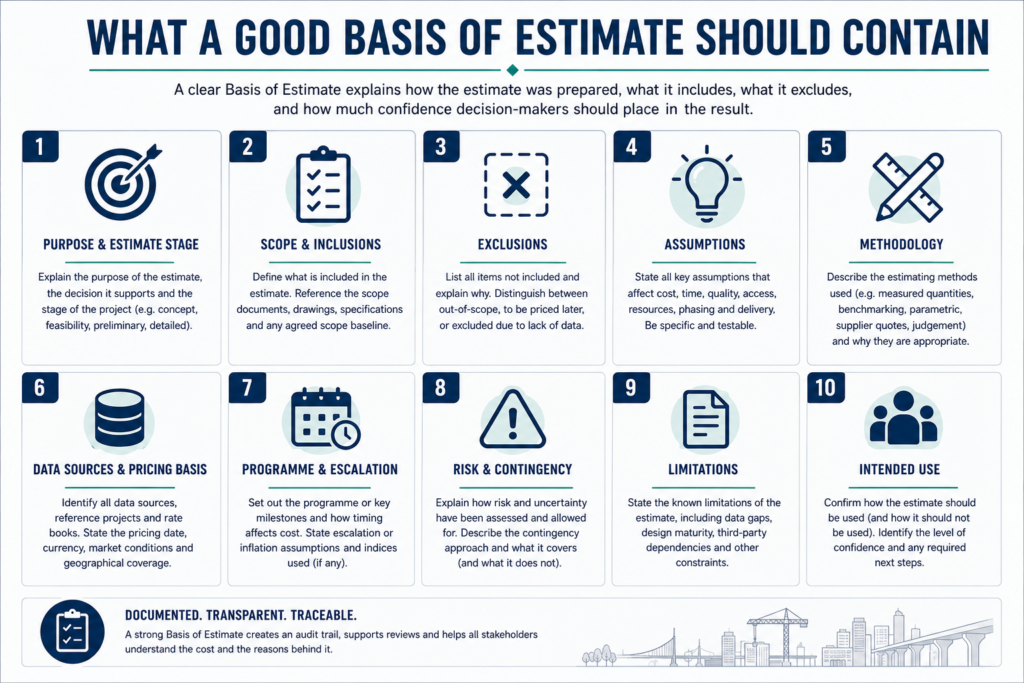 Infographic listing the essential contents of a good Basis of Estimate for infrastructure cost estimating.