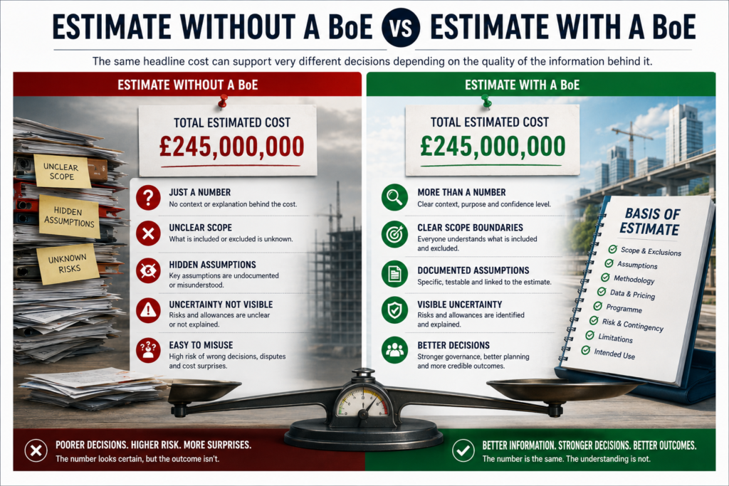 Comparison between an estimate without a Basis of Estimate and one supported by clear scope, assumptions and risk information.