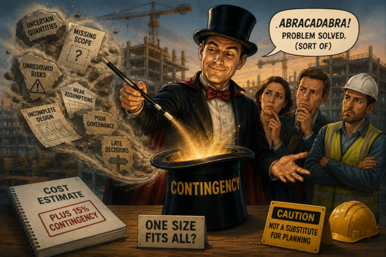 Contingency: The Magic Word Everyone Misuses | Civils Bites Editorial illustration showing project contingency being treated like a magic solution to unresolved cost and risk problems.