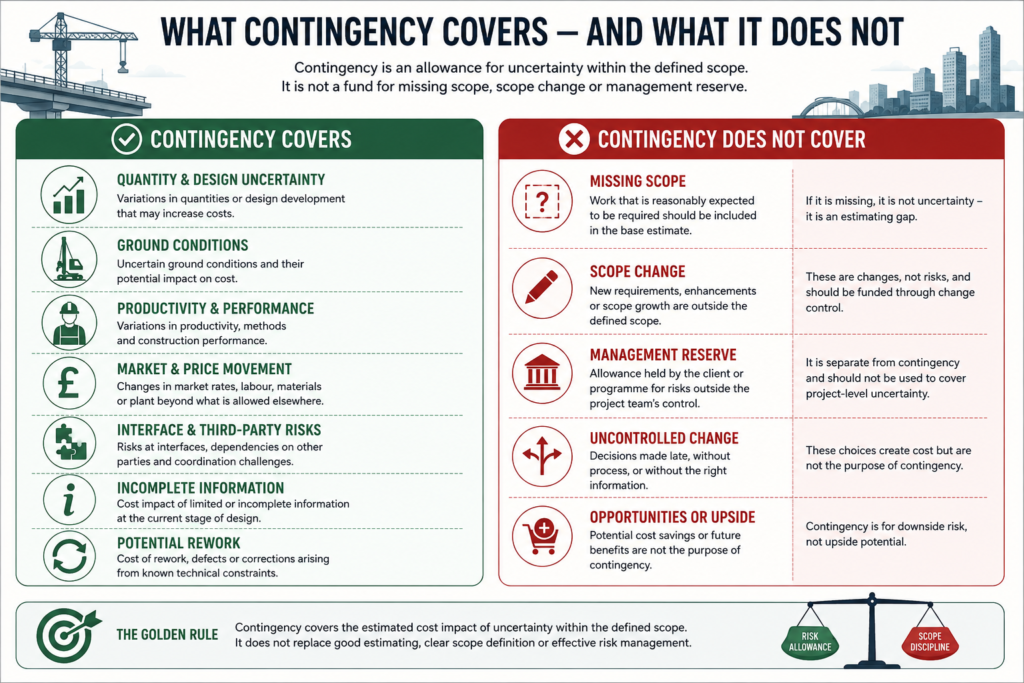 Infographic explaining what contingency should and should not cover in infrastructure cost estimating.