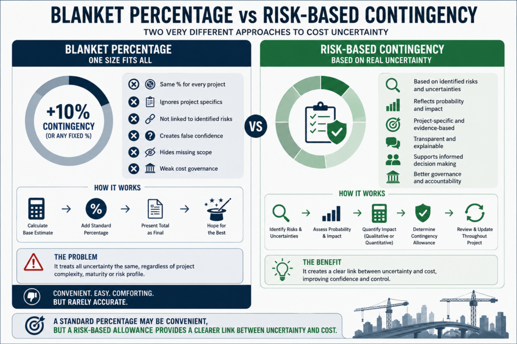 Infographic titled'Blanket Percentage vs Risk-Based Contingency' comparing two approaches: left side shows a +10% contingency donut, drawbacks list and a 'How it works' flow; right side shows a risk-based contingency circle, bullet points of benefits, and a similar process flow with a concluding 'benefit' box; construction imagery at bottom.